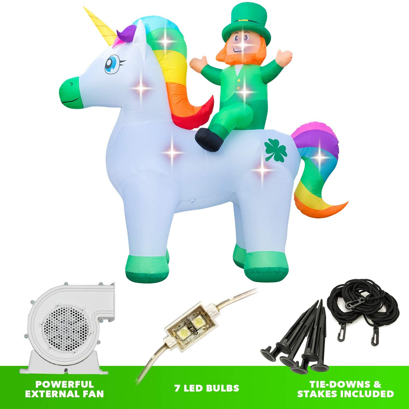 Holidayana 9Ft St Patricks Day Inflatable Leprechaun Riding Unicorn - Leprechaun and Magical Unicorn Blow up Yard Decoration, Includes Built-In Bulbs, Tie-Down Points, and Powerful Built-In Fan Arts & Entertainment > Party & Celebration > Party Supplies Holidayana   