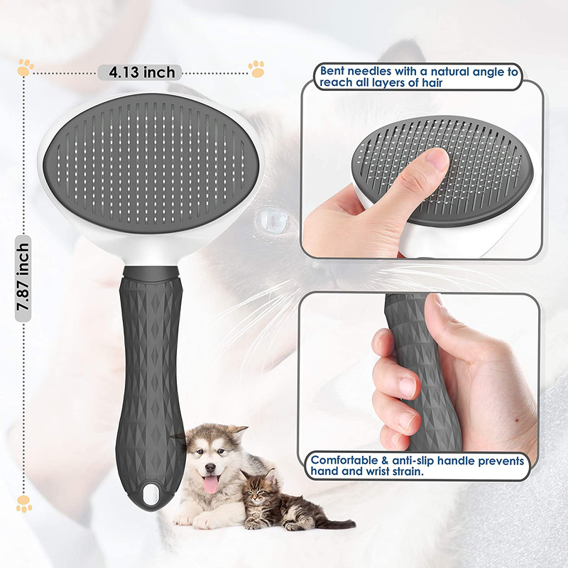 Dog & Cat Brush, Self Cleaning Slicker Brush for Short and Long Hair, Shedding Grooming Brush to Remove Loose Hair, Mats, Tangles, Gray