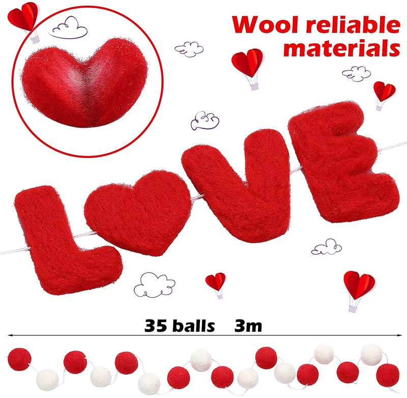 Tatuo 2 Pieces Valentine'S Day Felt Ball Garlands and Love Garland Colorful Ball and Heart Hanging Garland Felt Pom Pom Ball Heart Banners for Party Home Decoration