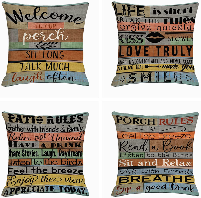 Jartinle Decorative Pillow Covers Porch Rules Sign Outdoor Farmhouse Throw Pillow Covers, Square Linen Patio Cushion Cases for Couch Bench Seat Chair Car 18X18 Inch (2) Home & Garden > Decor > Chair & Sofa Cushions Jartinle 4  