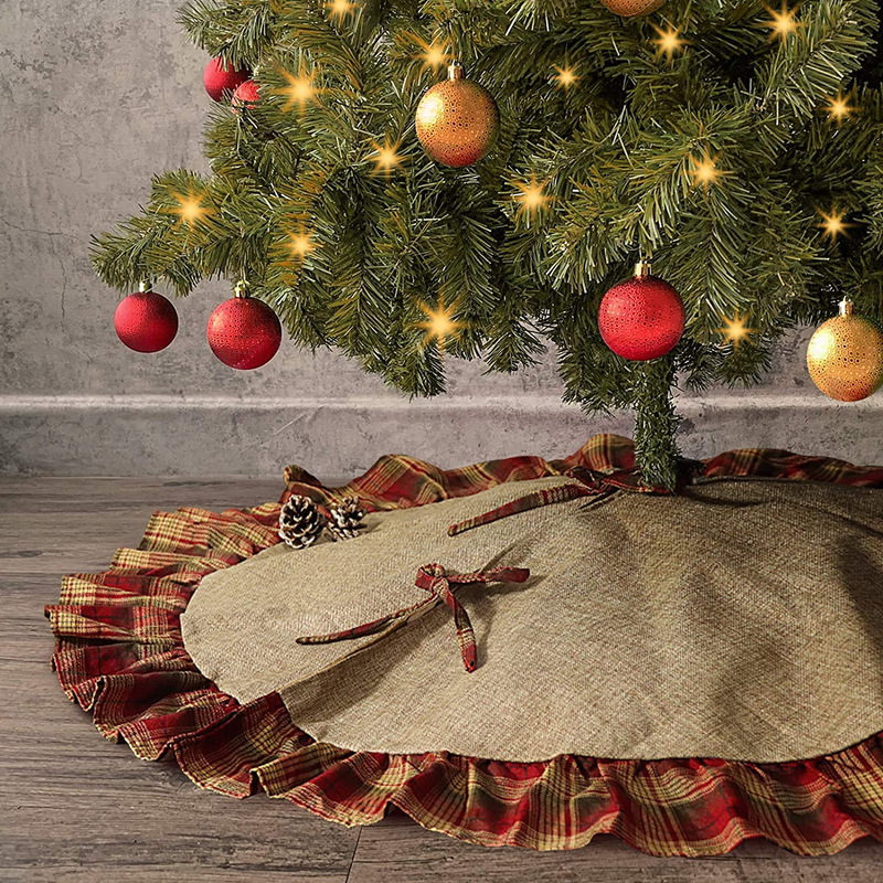Ivenf Christmas Tree Skirt, 48 inches Large Burlap with Plaid Ruffle Trim Skirt, Rustic Xmas Tree Holiday Decorations