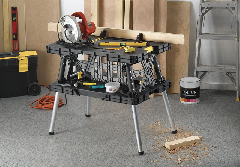 Keter - 197283 Folding Table Work Bench for Miter Saw Stand, Woodworking Tools and Accessories with Included 12 Inch Wood Clamps – Easy Garage Storage Black/Yellow Hardware > Tools > Multifunction Power Tools Keter   
