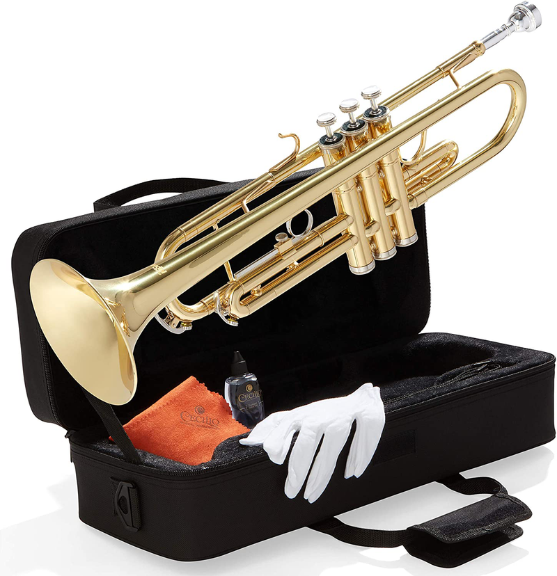 Mendini By Cecilio Bb Trumpet - Brass, Gold Trumpets w/Instrument Case, Cloth, Oil, Gloves - Musical Instruments For Beginner or Experienced Kids and Adults  Mendini by Cecilio Intermediate+Stand,Pocketbook,Tuner  