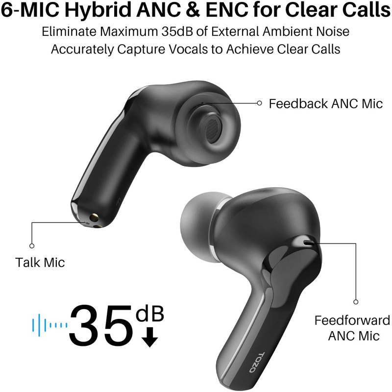 TOZO NC2 Hybrid Active Noise Cancelling Wireless Earbuds, ANC in-Ear Detection Headphones, IPX6 Waterproof Bluetooth 5.2 Stereo Earphones, Immersive Sound Premium Deep Bass Headset, Black Electronics > Audio > Audio Components > Headphones & Headsets > Headphones TOZO   
