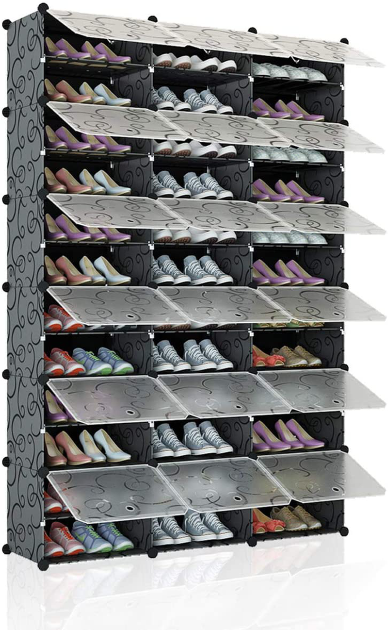 KOUSI Portable Shoe Rack Organizer 72 Pair Tower Shelf Storage Cabinet Stand Expandable for Heels, Boots, Slippers， 12-Tiers Black & Transparent Door Furniture > Cabinets & Storage > Armoires & Wardrobes KOUSI   