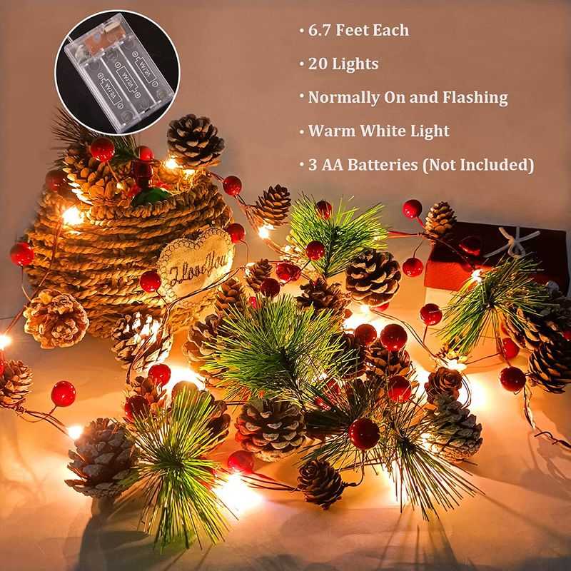 Christmas Garland with Lights, 7 FT 20 LED Battery Operated Red Berry Pine Cone Garland Light with Xmas Tree, Durable Berry Winter Garland Christmas Decorations for Home Windows Fireplace Stairs Home & Garden > Decor > Seasonal & Holiday Decorations& Garden > Decor > Seasonal & Holiday Decorations Ouddy   