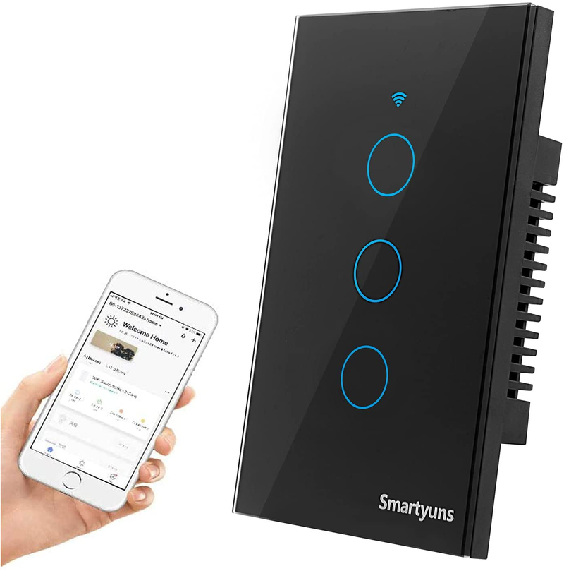 Smartyuns WiFi Smart Wall Light Switch White, Tempered Glass Panel Touch Light Switch 2 Gang Switch for 1 Gang Wall Box, Timer Function, Wireless Lighting Control (2 Gang Light Switch White) Home & Garden > Lighting Accessories > Lighting Timers Smartyuns 3 Gang-Black  