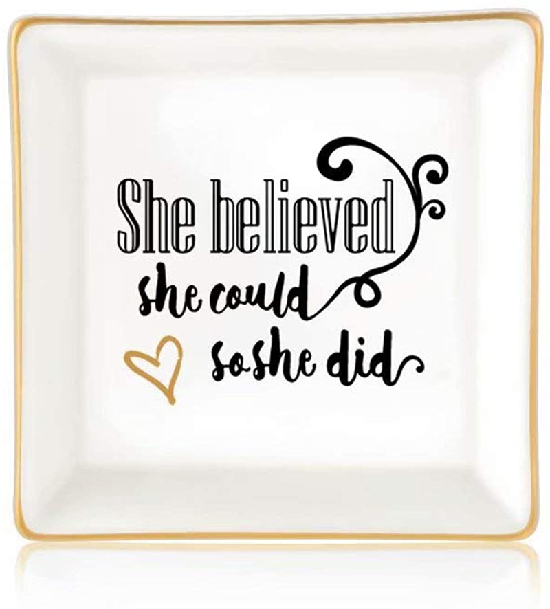 Gifts for Women Girls, Ceramic Ring Dish Decorative Trinket Plate Initial Jewelry Tray Dish, Mothers Day Valentines Gifts for Her Grandma Mom Daughter Sister Friend Birthday Home & Garden > Decor > Decorative Trays Giftjews She believed she could so she did  