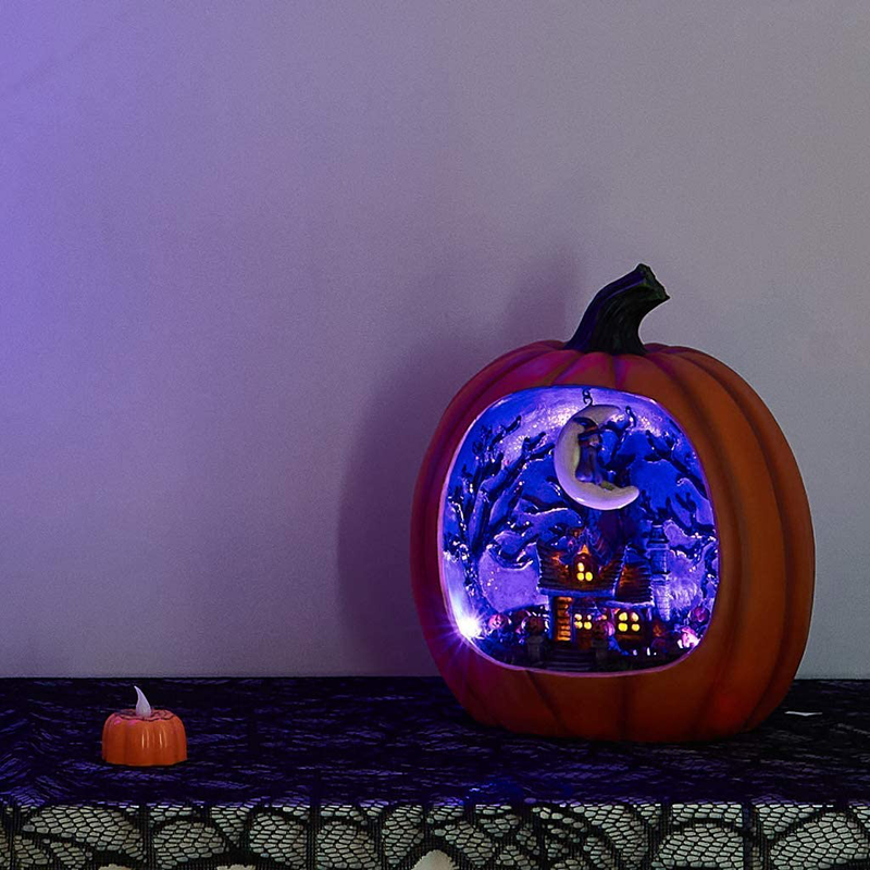 PEIDUO Halloween Resin Pumpkin with Ghost Haunted House Lighted by 4 Purple and 1 Orange Lights Light Up Pumpkin for Home Halloween Decor Arts & Entertainment > Party & Celebration > Party Supplies PEIDUO   