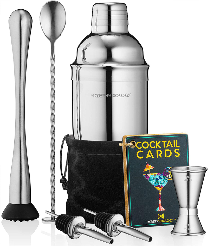 Cocktail Shaker Set Drink Mixer // 8-piece Portable Bartender Kit with 24oz Martini Shaker Bar Tool Set // 2 Pourers // Muddler // Jigger // Mixing Spoon // Velvet Bag // Built-in Strainer (Silver) Home & Garden > Kitchen & Dining > Barware Modern Mixology 1.Silver  