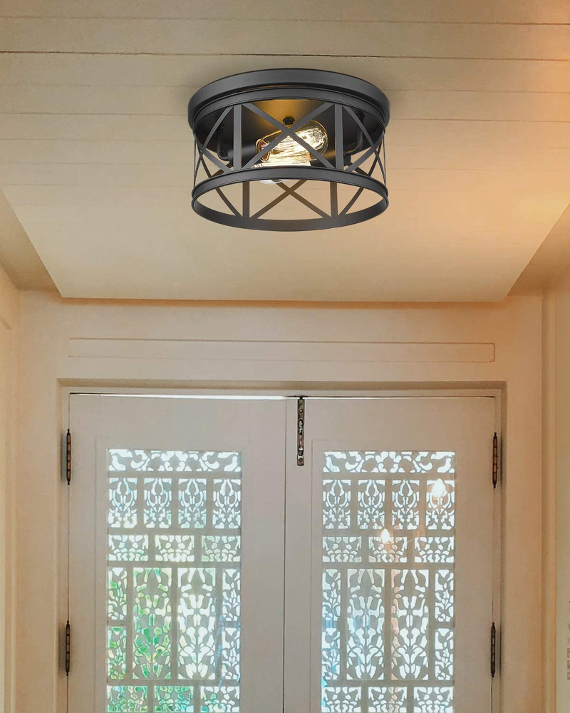 FEMILA Flush Mount Ceiling Light, 12Inch Rustic Metal Cage Close to Ceiling Light Fixture for Hallway Stairway Kitchen Garage, Black Finish, 4FD19-F BK Home & Garden > Lighting > Lighting Fixtures > Ceiling Light Fixtures KOL DEALS   