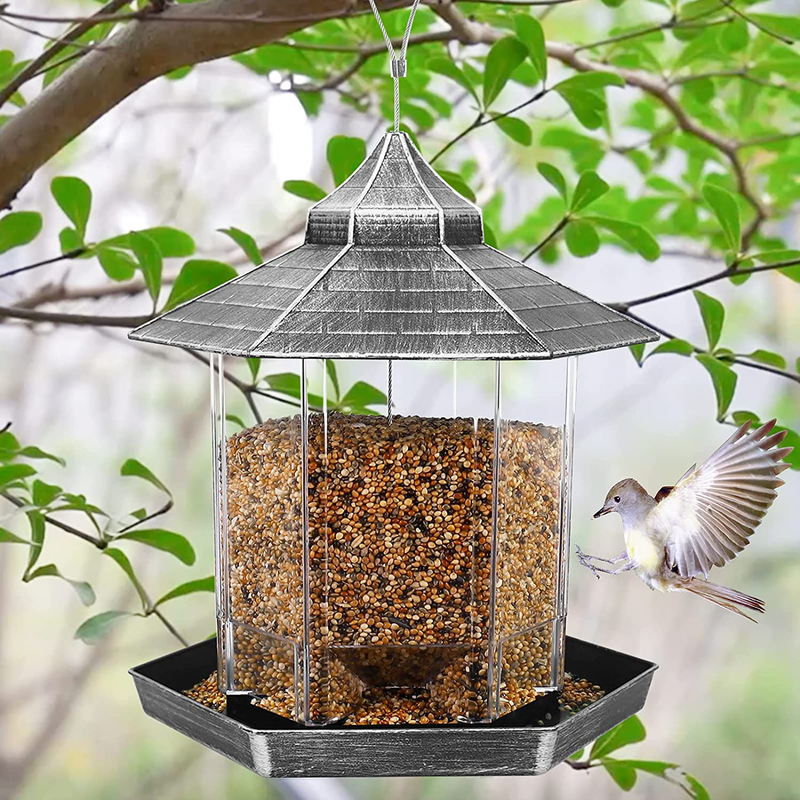 Hanging Wild Bird Feeder Gazebo Birdfeeder Outside Decoration, Perfect for Attracting Birds on Outdoor Garden Yard for Bird Lover Kids, 2.6lb Capacity Hexagon Shaped with Roof Avoid Weather and Water Animals & Pet Supplies > Pet Supplies > Bird Supplies > Bird Cage Accessories > Bird Cage Food & Water Dishes Ordenado Silver  