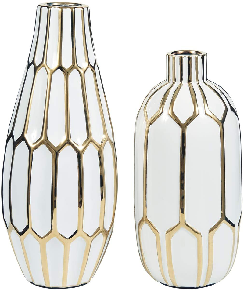 Signature Design by Ashley Mohsen Honeycomb Ceramic 2 Piece Bottle Neck Vase Set, White & Gold Home & Garden > Decor > Vases Signature Design by Ashley Default Title  