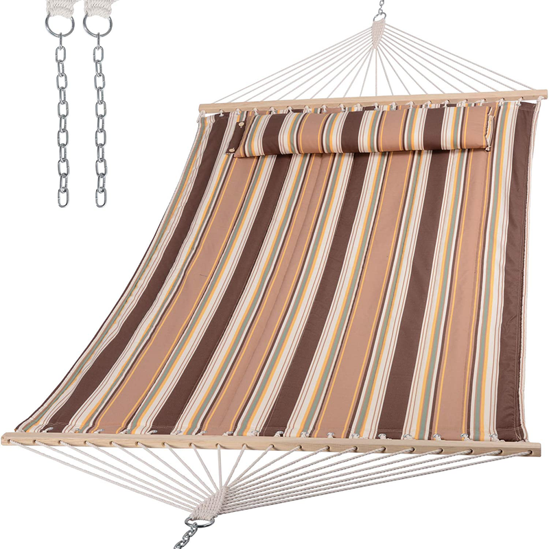 SUNCREAT Double Quilted Hammock with Hardwood Spreader Bar, Extra Large Soft Pillow, Heavy Duty 2 Person Hammock for Indoor, Outdoor, Grey Pattern Home & Garden > Lawn & Garden > Outdoor Living > Hammocks SUNCREAT Brown Stripes  