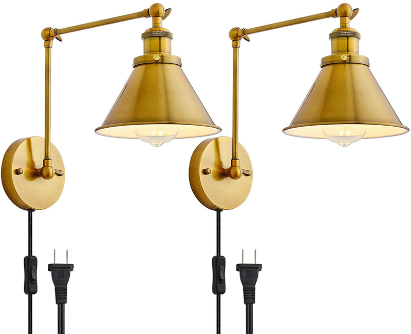 Plug in Wall Sconces Set of 2,Gold Sconces Wall Lighting Set of Two Wall Sconce,Brass Wall Sconces Decor with 1.2M On/Off Switch Cable,Indoor Wall Lighting for Bedroom Reading Light Home & Garden > Lighting > Lighting Fixtures > Wall Light Fixtures KOL DEALS   
