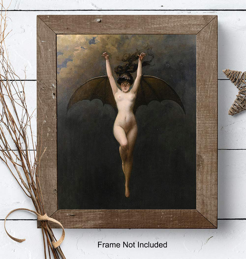 Gothic Bat Woman Wall Decor - Bat Decorations Wall Art - Creepy Vintage Retro Gift for Women, Men, Wiccan, Wicca, Witch, Mystical Occult Medieval Fans - Goth Replica Painting Picture Poster Print