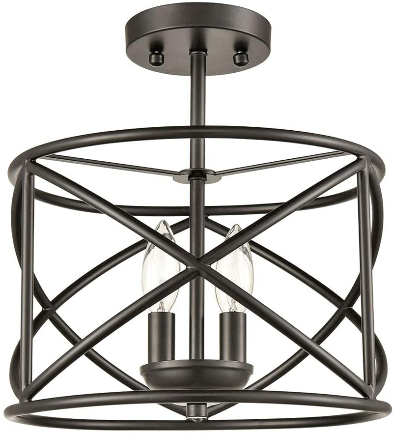 Industrial Metal Drum Black Semi-Flush Mount Ceiling Light for Dining Room, Kitchen, Hallway, Entry, Foyer, Living Room,2-Light