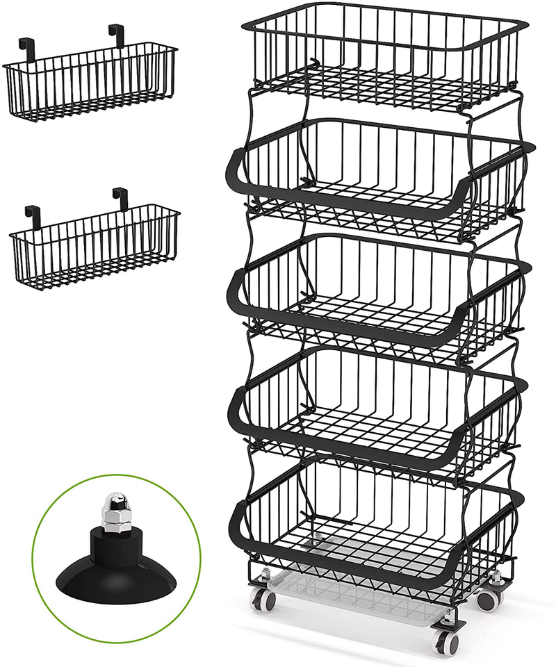Fruit Basket, 1Easylife 3 Tier Stackable Metal Wire Basket Cart with Rolling Wheels, Utility Rack for Kitchen, Pantry, Garage, with 2 Free Baskets (5 Tier) Home & Garden > Kitchen & Dining > Food Storage 1Easylife 5 tier  
