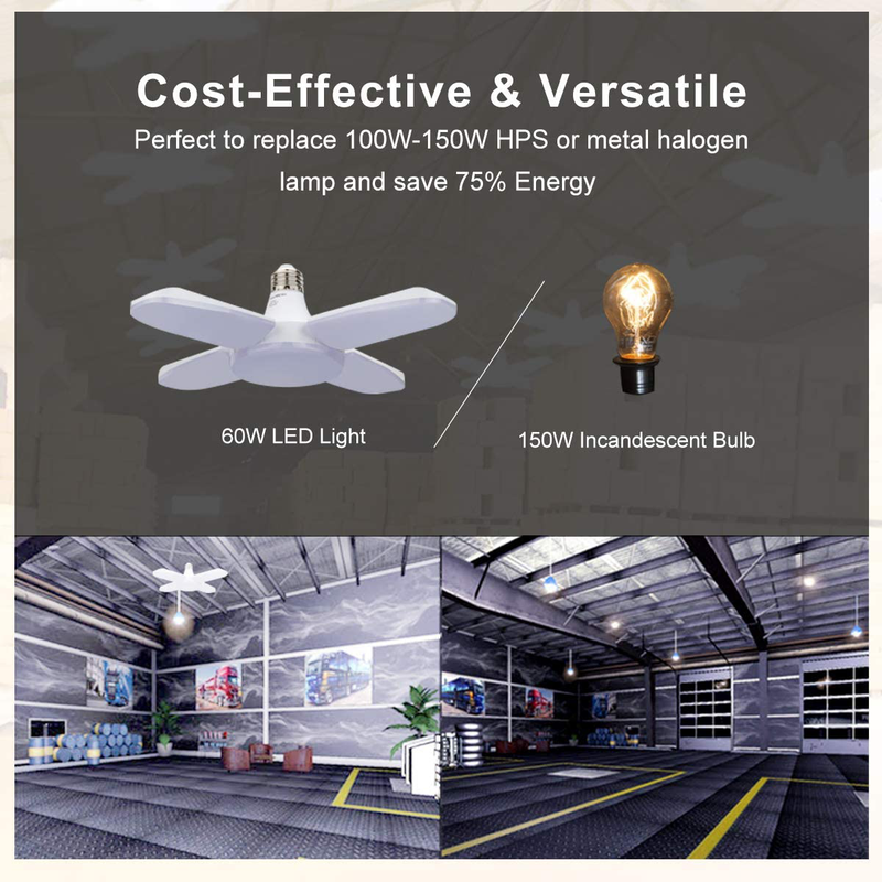 Exmate LED Garage Lights 60W E26 Deformable LED Ceiling Light with 4 Adjustable Panels for Garage, Warehouse, Workshop, Basement, Gym, Kitchen