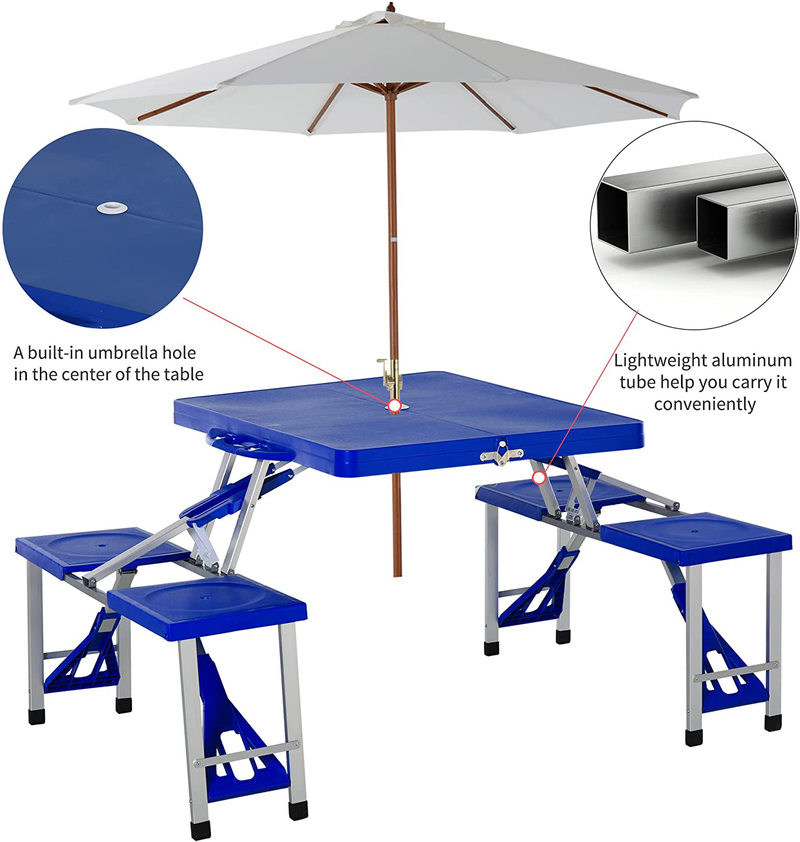 Outsunny Portable Foldable Camping Picnic Table Set with Four Chairs and Umbrella Hole, 4-Seats Aluminum Fold up Travel Picnic Table, Blue
