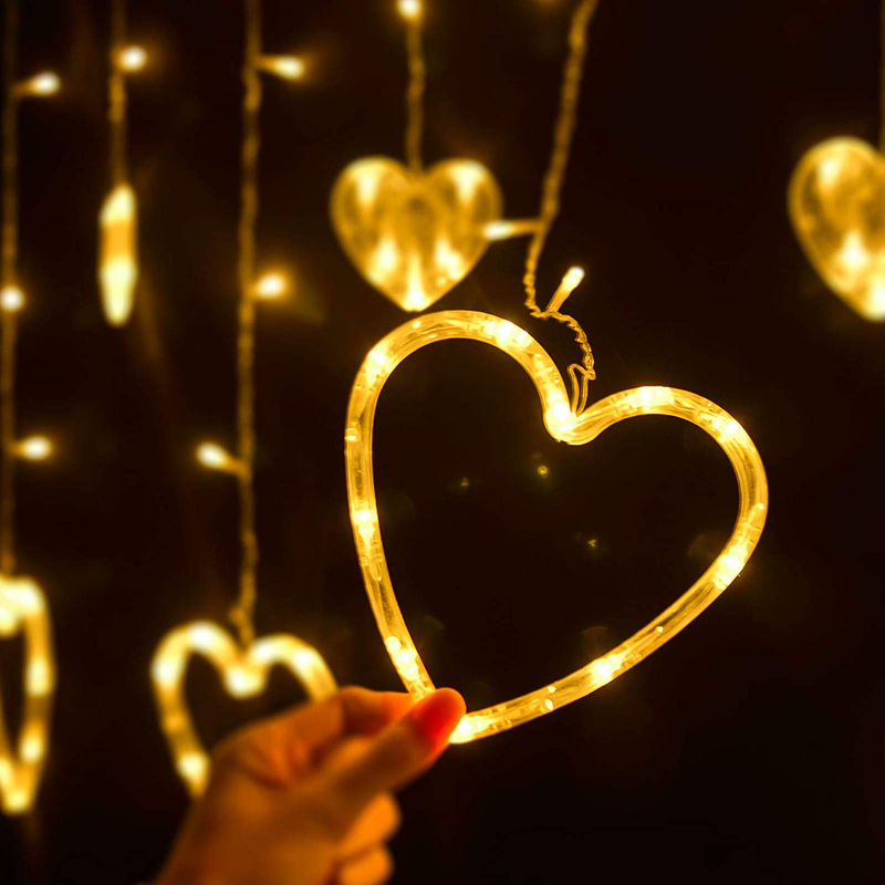 Lolstar Valentine'S Day Heart-Shaped LED Curtain String Lights,138 LED 12 Valentine Hanging String Lights, Connectable 8 Flashing Modes Window Light for Valentine'S Day Decorations