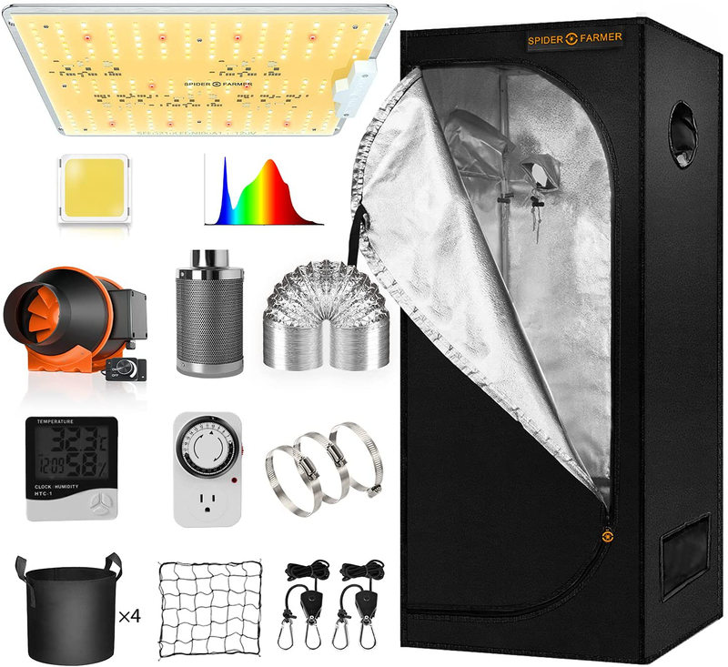 Spider Farmer 2X2 Grow Tent Kit Complete SF-1000D Full Spectrum LED Grow Light Samsung Diodes 24” X 24” X 55” Growing Tent 4 Inch Inline Fan Filter Combo Setup System for Indoor Plants Veg Flower Sporting Goods > Outdoor Recreation > Camping & Hiking > Tent Accessories Spider Farmer SF1000D Kits  