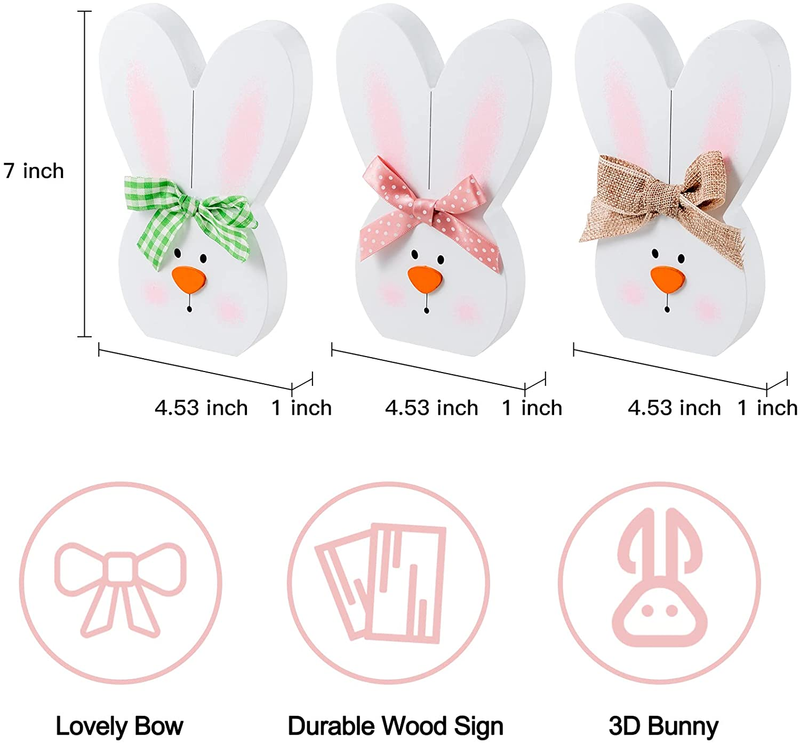 Easter Decorations for the Home, Hogardeck 3 Pcs Easter Bunny Table Decor, Wood Sign Rabbit Block Set with Plaid Dot Burlap Bow Wooden Signs Table Centerpiece Farmhouse Decor for Party Fireplace Tiered Tray Tabletop
