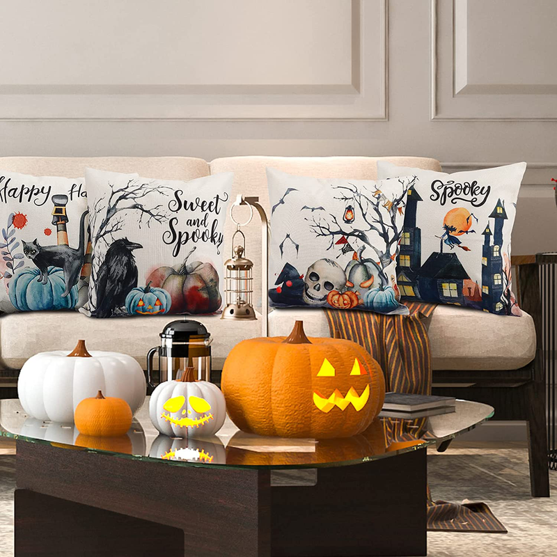 HOLICOLOR Halloween Throw Pillow Covers 18x18 Inch Set of 4 Halloween Decorations Farmhouse Watercolor Blue and Orange Pumpkin Lantern Castle Pillowcase Linen Cushion Case for Sofa and Home Decor
