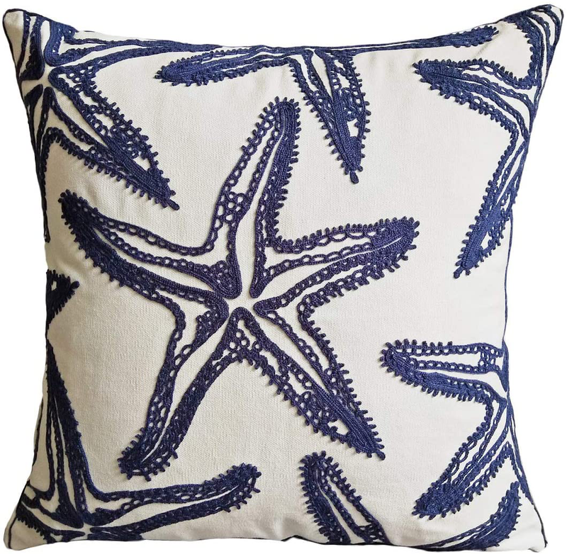 Only Cover,FINOHOME Embroidery Navy Starfish Throw Pillow Cover,Ocean Series Nautical Decorative Pillow Case Cushion Cover for Sofa Coastal Beach Theme Home Decor 17x17