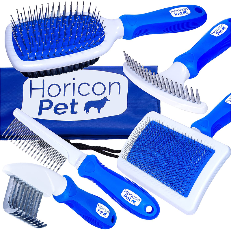 Horicon Pet 6 In 1 Premium Dog Brush Set - Dog Grooming Brushes - Ball Pin & Bristle Brush, Curved Blade Dematting Comb, Slicker Brush, Deshedding Edge Comb, Detangling Pet Comb