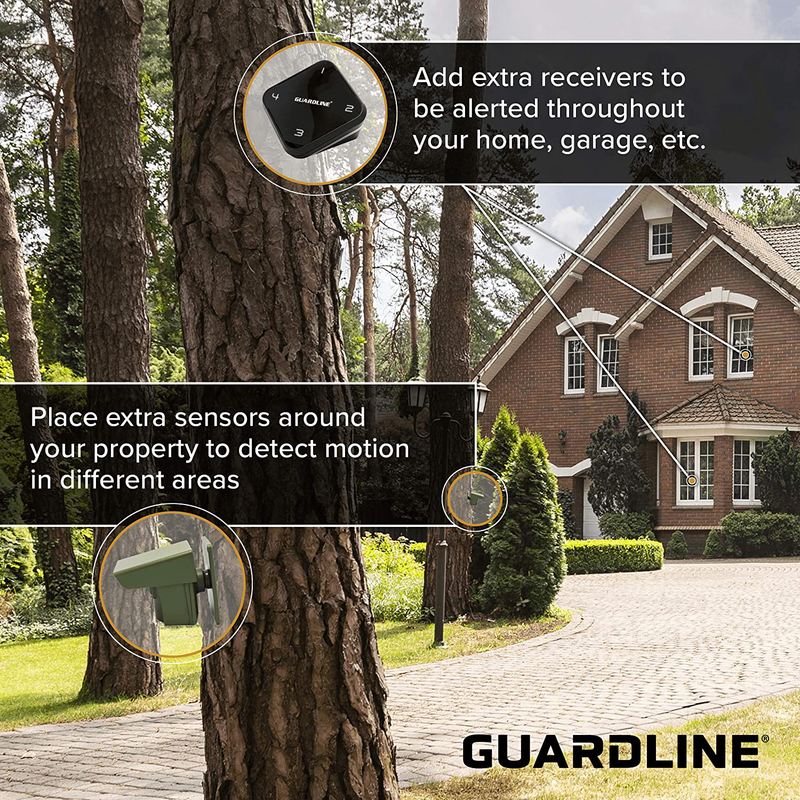 Guardline Wireless Driveway Alarm - 4 Motion Detector Alarm Sensors & 1 Receiver, 500 Foot Range, Weatherproof Outdoor Security Alert System for Home & Property Vehicles & Parts > Vehicle Parts & Accessories > Vehicle Safety & Security > Vehicle Alarms & Locks > Automotive Alarm Systems Guardline   