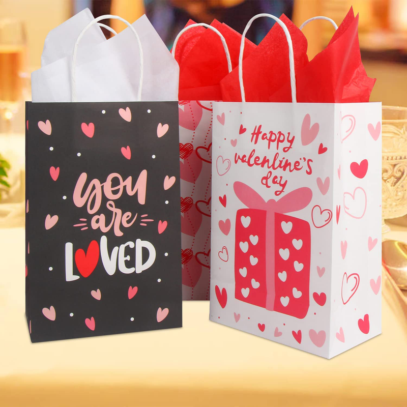 DIYASY Valentine'S Day Paper Gift Bags with Tissue Paper,24 Pack Red Pink Heart Love Candy Present Bags with Handle for Wedding and Valentine Party Favors Gift Wrapping Supply Home & Garden > Decor > Seasonal & Holiday Decorations DIYASY   