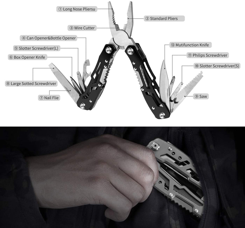 Pliers Multitool Knife (Black)，Pocket Tool for Outdoor Camping Hiking ,Foldable and Self-Locking，Hunting Accessories for Men Sporting Goods > Outdoor Recreation > Camping & Hiking > Camping Tools OU.UOMI   
