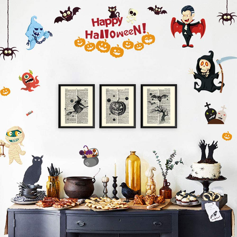 SUMGAR Halloween Decor Vintage Dictionary Page Papers Posters Pumpkin Lantern Witch on Broom Bat Night Flight Spooky Art Prints Set of 3 - 8x10s Arts & Entertainment > Party & Celebration > Party Supplies SUMGAR   