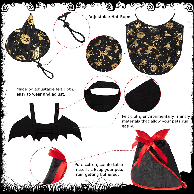 Frienda 4 Pieces Halloween Pet Costume Sets Cat Bat Wing with Bell Halloween Pet Cat Witch Cape Pet Vampire Costume Cloak Cat Witch Hat for Cats Kitten Puppy Cosplay Party Decoration Animals & Pet Supplies > Pet Supplies > Cat Supplies > Cat Apparel Frienda   