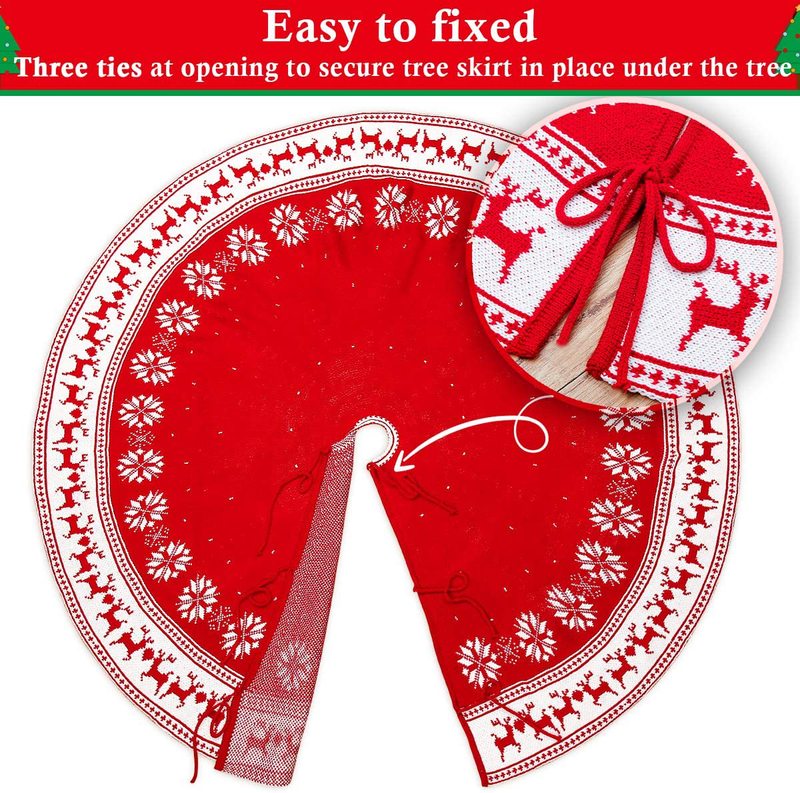FUNSEED Christmas Tree Skirt, 48 Inches Large Thick Knitted Red Reindeer and White Snowflakes Pattern Knit Xmas Tree Mat for Holiday Family Home Decoration Home & Garden > Decor > Seasonal & Holiday Decorations > Christmas Tree Skirts FUNSEED   