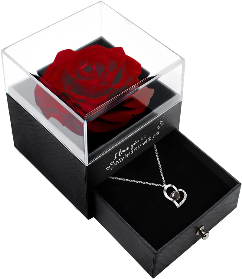 Preserved Real Rose with I Love You Necklace in 100 Languages Enchanted Rose Eternal Flower Gifts for Her Mom Wife Girlfriend on Christmas Valentines Day Mothers Day Birthday Anniversary (Wine Red) Home & Garden > Decor > Seasonal & Holiday Decorations Extenuating Threads Red  