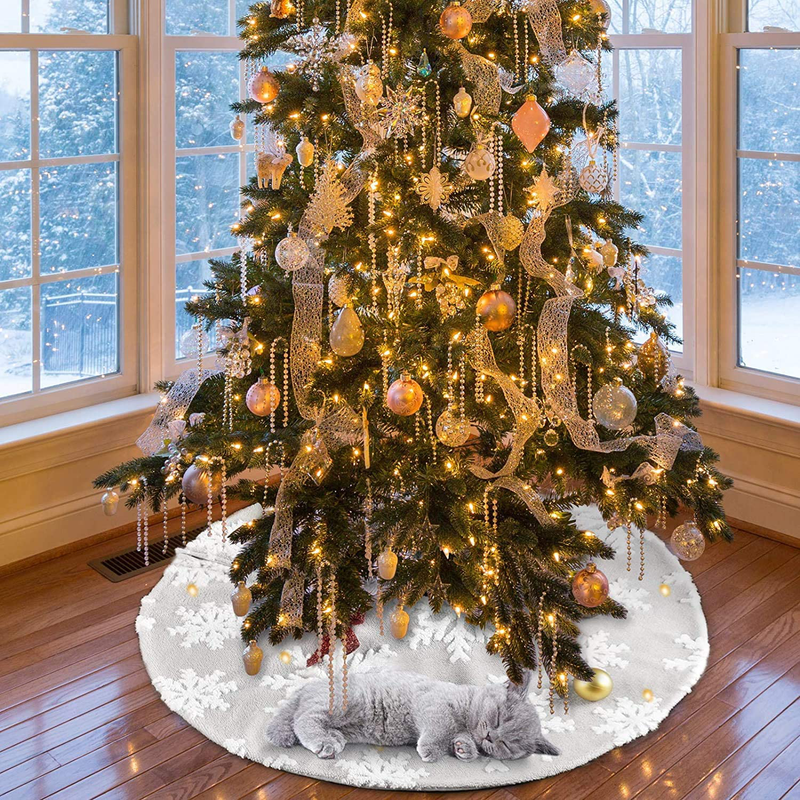 Christmas Tree Skirt 36 Inch Double Layers Jacquard Cashmere Snow Flake Xmas Holiday Decoration Ornament Home & Garden > Decor > Seasonal & Holiday Decorations > Christmas Tree Skirts COOWOO   