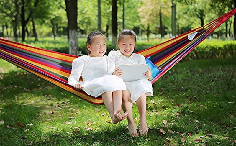 PIRNY Large Double Cotton Hammock,Hanging Swing Bed,Up to 500 Lbs,incude 20 ft of Tree Swing Straps and 2 Carabiner,for Indoor Outdoor Garden Patio Park Porch(Double Rainbow Stripes) Home & Garden > Lawn & Garden > Outdoor Living > Hammocks PIRNY   
