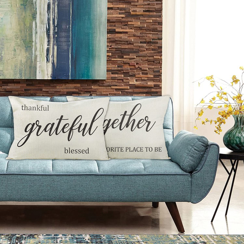 GROBRO7 4Pcs Farmhouse Pillow Covers with Text Thankful Grateful Blessed and Together Is My Favorite Place to Be Cushion for Couch Home Linen Cloth Pillow Cases Home Outdoor Decor in 12"X 20" Home & Garden > Decor > Chair & Sofa Cushions GROBRO7   