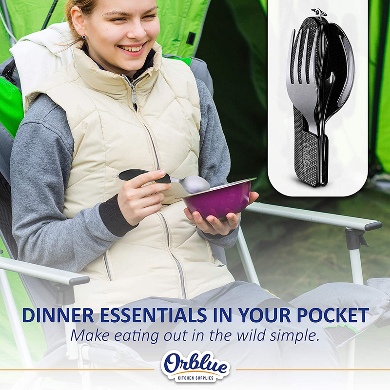 Orblue 4-In-1 Camping Utensils, 2-Pack, Portable Stainless Steel Spoon, Fork, Knife & Bottle Opener Combo Set - Travel, Backpacking Cutlery Multitool