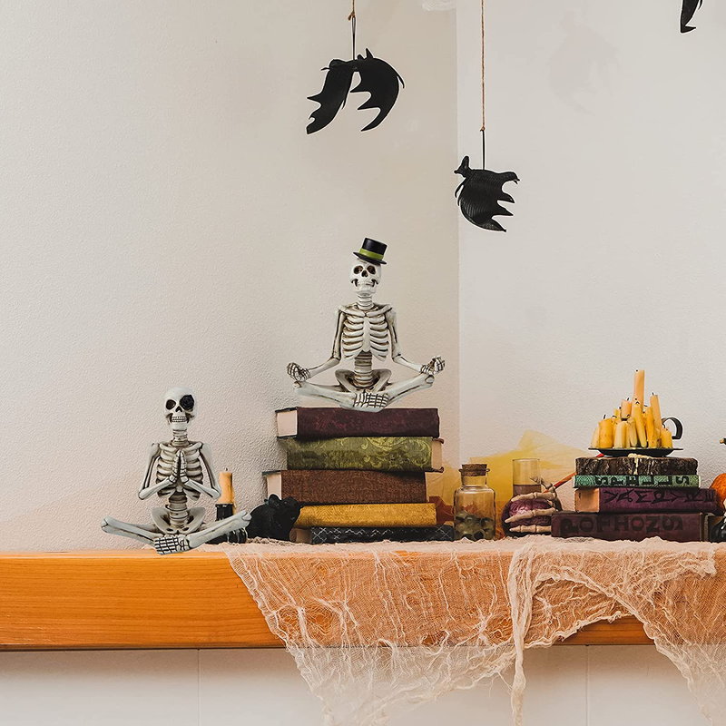 Halloween Mr. and Mrs. Meditating Skeleton Figurines, Day of the Dead Table Décor Small Statues for Halloween Party Decorations on Mantel, Shelf, Buffet Table or Centerpiece, 2 Packs