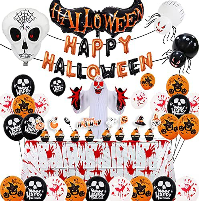 Halloween Party Decorations Set Scary Halloween Birthday Party Favor Supplies Including 3D Honeycomb Hanging Ghost, Bloody Tablecover, Skull Halloween Balloons Kit for Indoor Home Decor