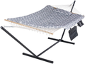 SUNCREAT Cotton Rope Hammock for Two People with Hardwood Spreader Bar, Quilted Fabric Pad & Detachable Pillow, Extra Large Indoor/Outdoor Hammock with 12 FT Steel Stand, Ipad Bag & Cup Holder, Grey Home & Garden > Lawn & Garden > Outdoor Living > Hammocks SUNCREAT Grey  
