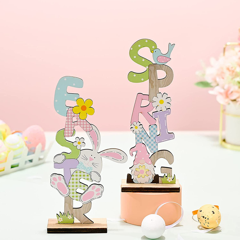 Easter Table Decoration Signs, Easter Table Centerpieces, Wooden Bunny Gnomes Decorations Family Signs for Spring Holiday Easter Party Indoor Outdoor Garden Yard Lawn Coffee Table Home Decor