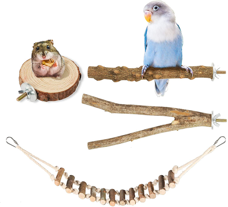 Woiworco 4 Pieces Bird Perch Stand Set, Bird Cage Accessories, Parakeet Nature Wood Stand, Wooden Stick Platform Rope Ladder Bird Toys for Parrot Parakeet Cockatiel Budgie