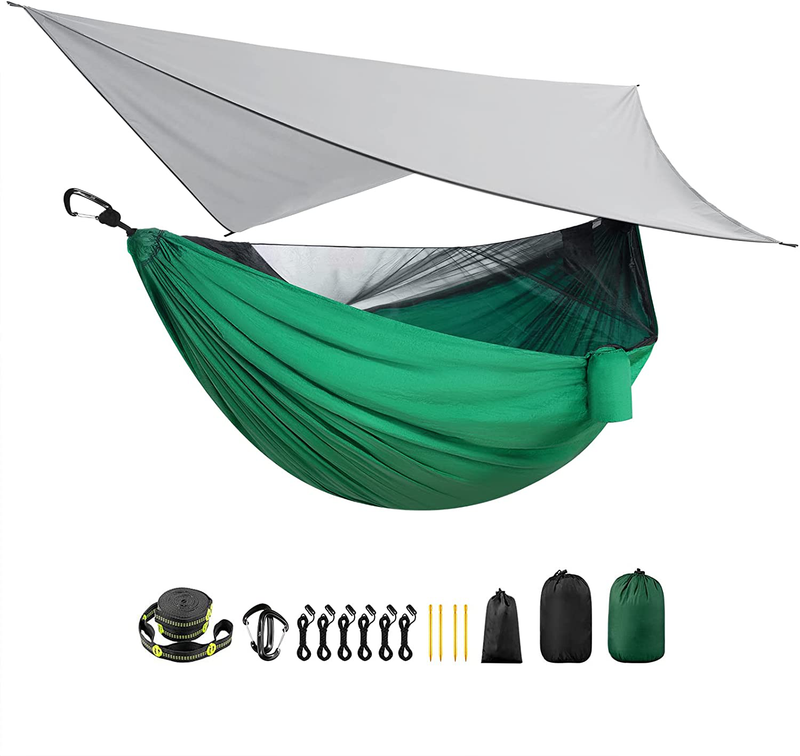 Single Double Person Camping Hammock Tent with Mosquito Bug Net and Rain Fly Tarp - Portable Lightweight Parachute Nylon Backpacking Hammocks Set with Tree Straps, Outdoor Survival Hiking Travel, Blue Sporting Goods > Outdoor Recreation > Camping & Hiking > Mosquito Nets & Insect Screens LEADVENST Dark Green  