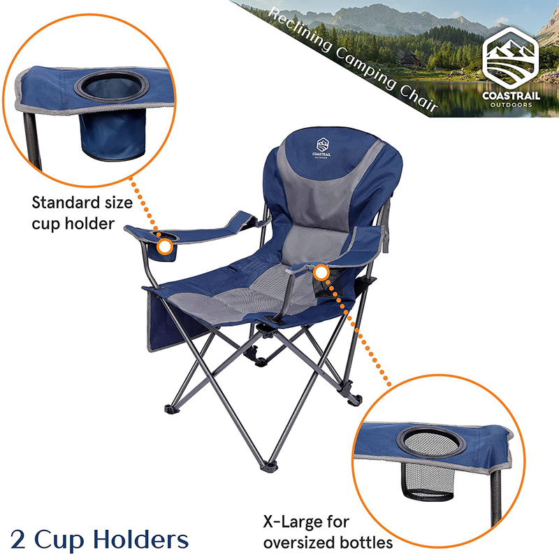 Coastrail Outdoor Reclining Camping Chair 3 Position Folding Lawn Chair for Adults Padded Comfort Camp Chair with Cup Holders, Head Bag and Side Pockets, Supports 350Lbs, Blue&Grey Sporting Goods > Outdoor Recreation > Camping & Hiking > Camp Furniture Coastrail Outdoor   
