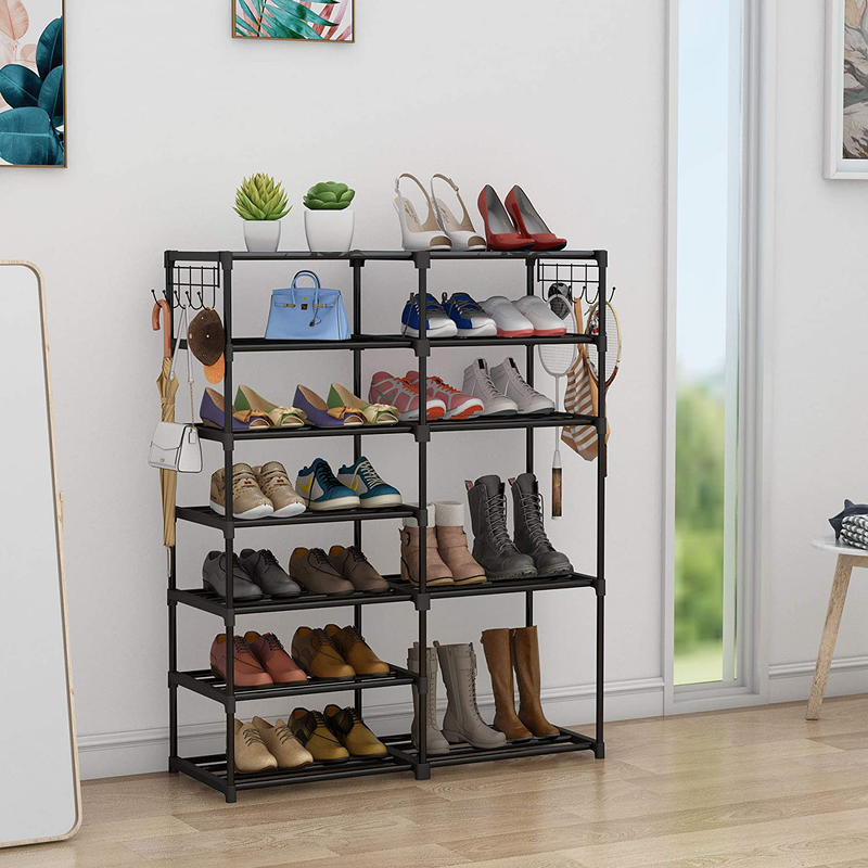 Shoe Rack Shoe Shelf Shoe Storage Organizer with Side Hooks for Entryway, 24-30 Pairs Metal Shoe Rack Taller Shoes Boots Organizer Furniture > Cabinets & Storage > Armoires & Wardrobes Tribesigns   
