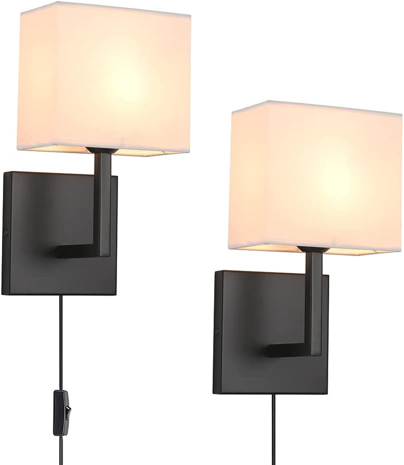 Plug in Wall Sconce Set of 2, Indoor Bedside Wall Lamp Light with Plug-In Cord and on off Toggle Switch, Vintage Industrial Nightstand Lamps with White Fabric Square Lamp Shade for Living Room, Black Home & Garden > Lighting > Lighting Fixtures > Wall Light Fixtures KOL DEALS   